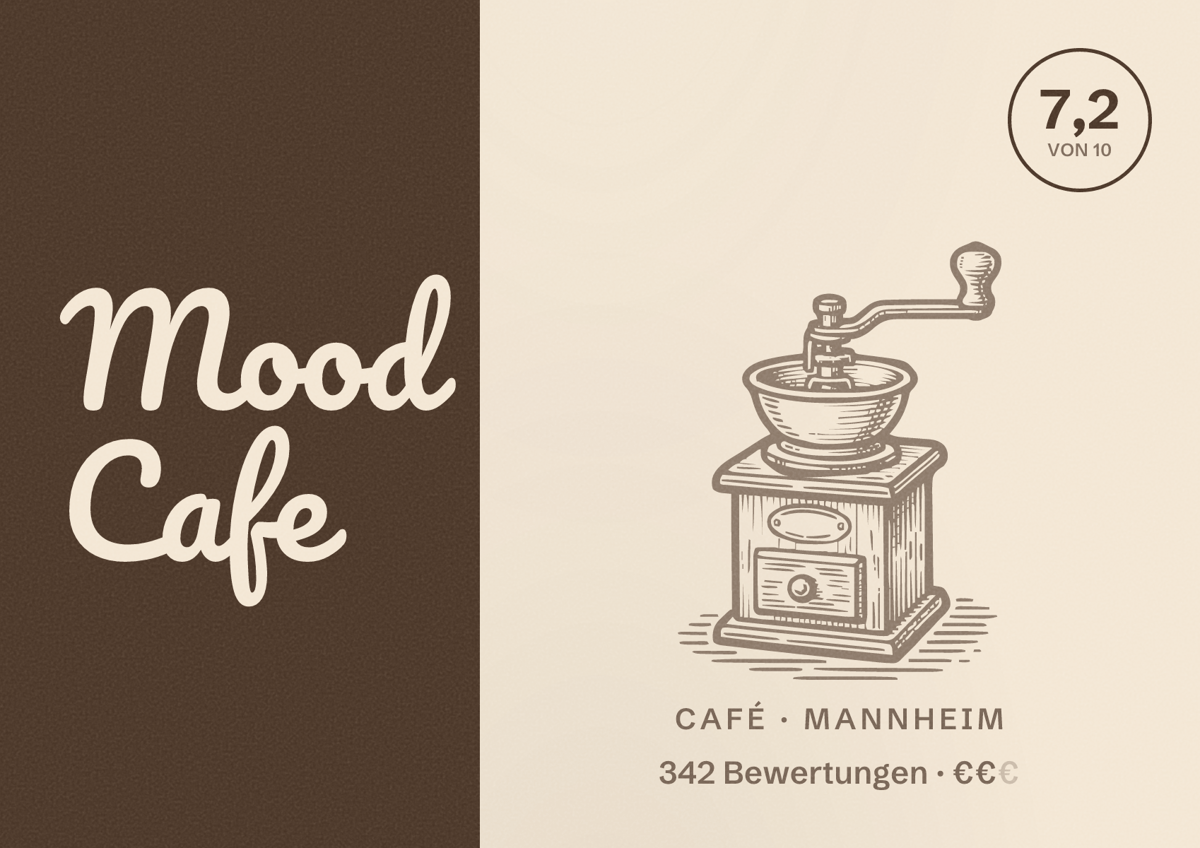 Illustriertes Poster von Mood Cafe, Café in Mannheim: Bewertung 7,2 von 10 aus 342 Bewertungen, Preisniveau €€