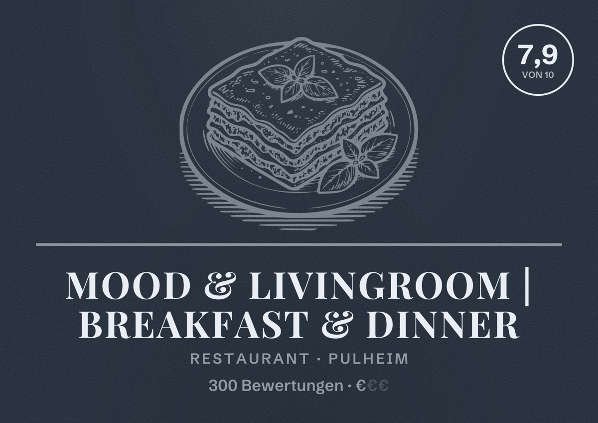Illustriertes Poster von MOOD & LIVINGROOM | Breakfast & Dinner, Restaurant in Pulheim: Bewertung 7,9 von 10 aus 300 Bewertungen, Preisniveau €
