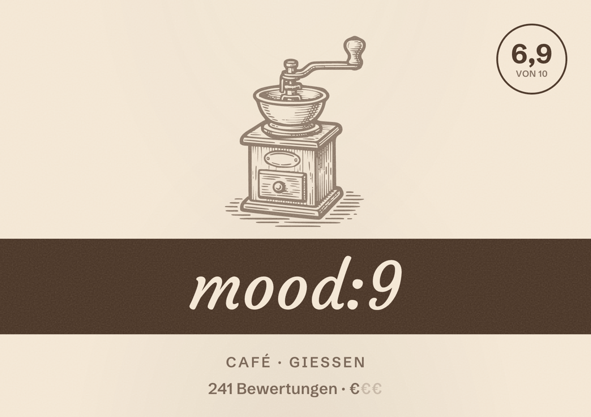 Illustriertes Poster von mood:9, Café in Gießen: Bewertung 6,9 von 10 aus 241 Bewertungen, Preisniveau €