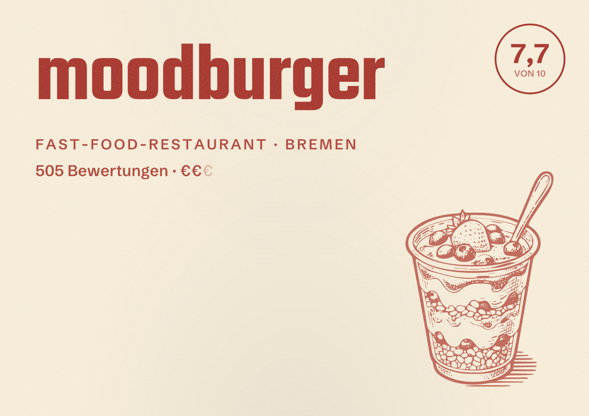 Illustriertes Poster von moodburger, Fast-Food-Restaurant in Bremen: Bewertung 7,7 von 10 aus 505 Bewertungen, Preisniveau €€