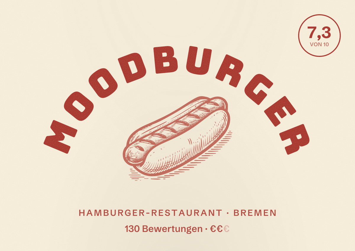 Illustriertes Poster von moodburger, Hamburger-Restaurant in Bremen: Bewertung 7,3 von 10 aus 130 Bewertungen, Preisniveau €€