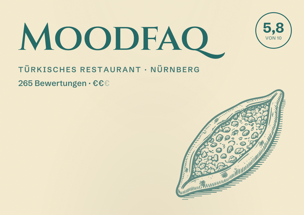 Illustriertes Poster von Moodfaq, Türkisches Restaurant in Nürnberg: Bewertung 5,8 von 10 aus 265 Bewertungen, Preisniveau €€