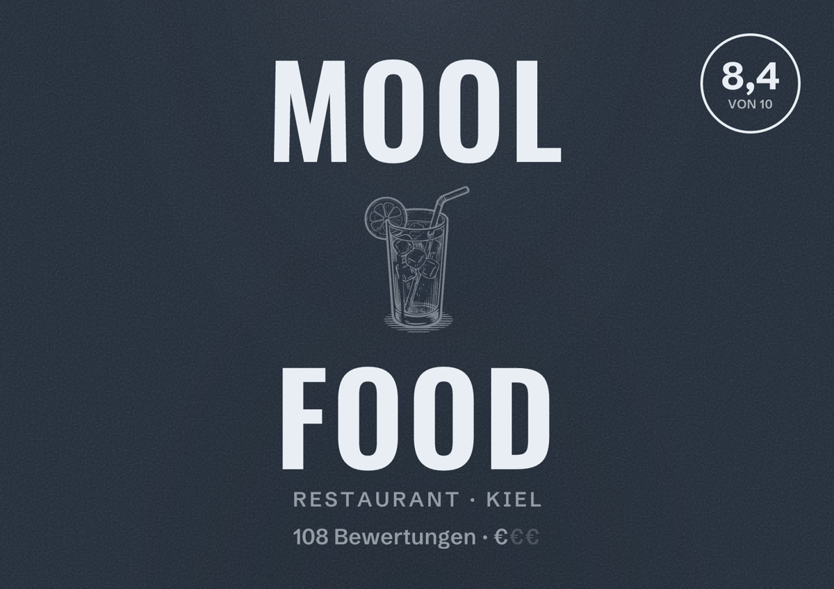 Illustriertes Poster von Mool Food, Restaurant in Kiel: Bewertung 8,4 von 10 aus 108 Bewertungen, Preisniveau €