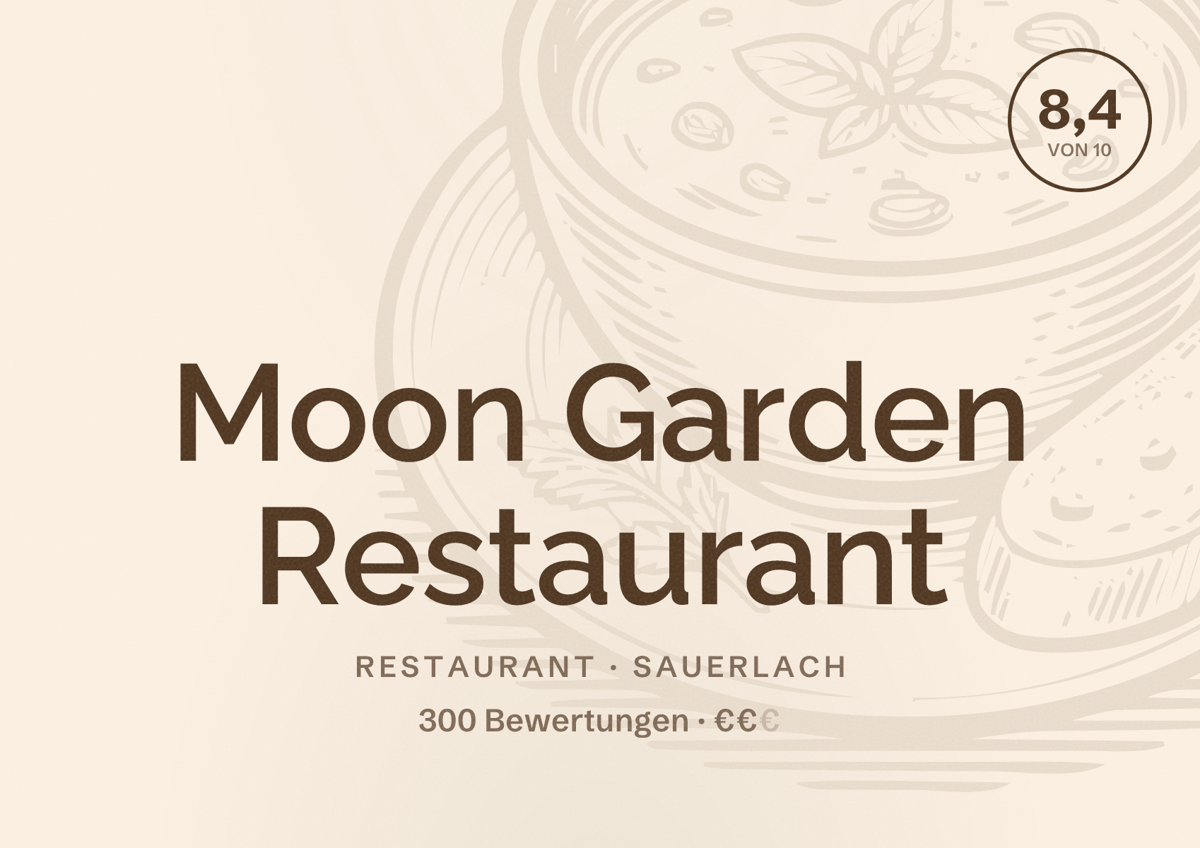 Illustriertes Poster von Moon Garden Restaurant, Restaurant in Sauerlach: Bewertung 8,4 von 10 aus 300 Bewertungen, Preisniveau €€