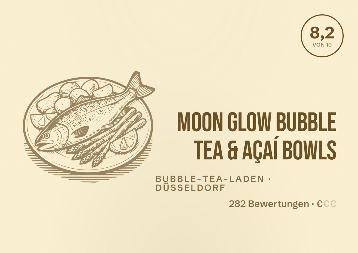 Illustriertes Poster von Moon Glow Bubble Tea & Açaí Bowls, Bubble-Tea-Laden in Düsseldorf: Bewertung 8,2 von 10 aus 282 Bewertungen, Preisniveau €