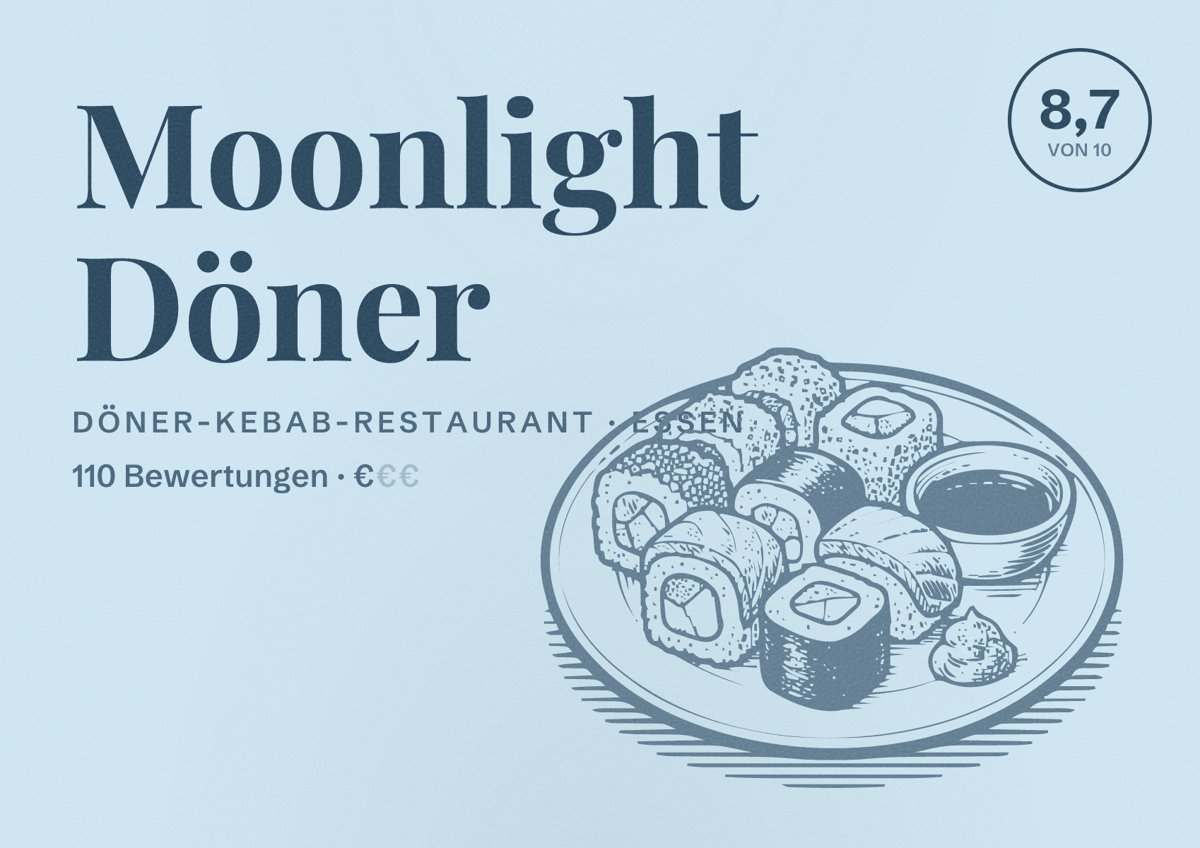 Illustriertes Poster von Moonlight Döner, Döner-Kebab-Restaurant in Essen: Bewertung 8,7 von 10 aus 110 Bewertungen, Preisniveau €