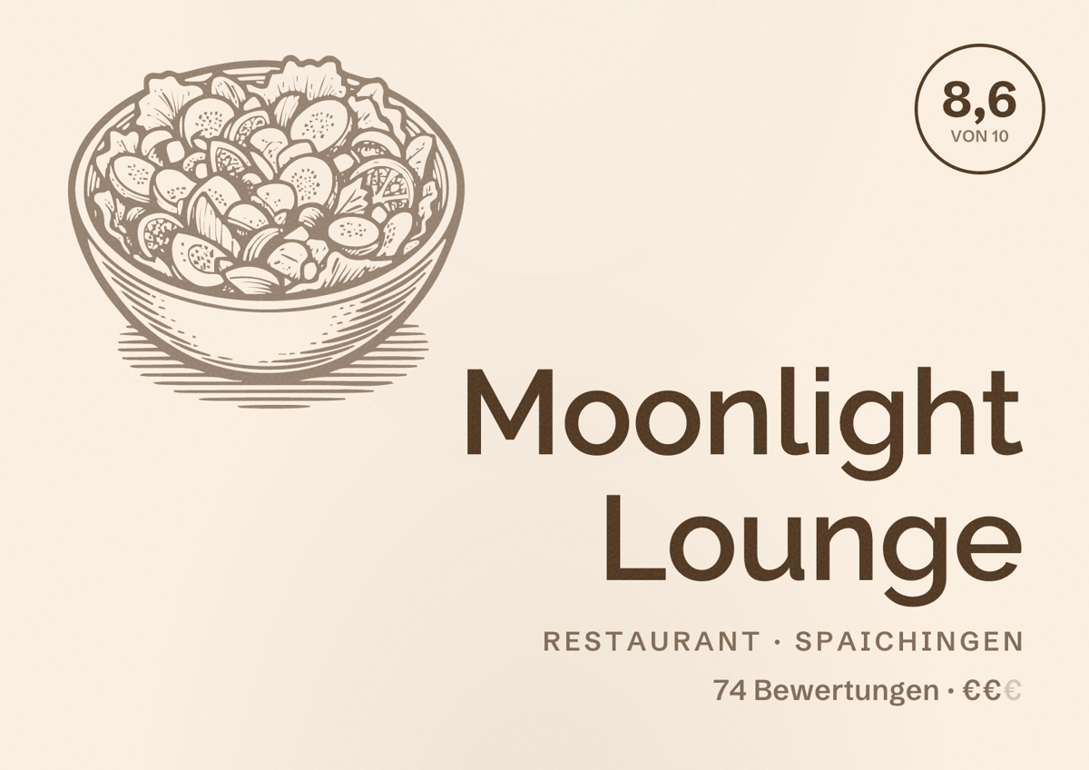 Illustriertes Poster von Moonlight Lounge, Restaurant in Spaichingen: Bewertung 8,6 von 10 aus 74 Bewertungen, Preisniveau €€
