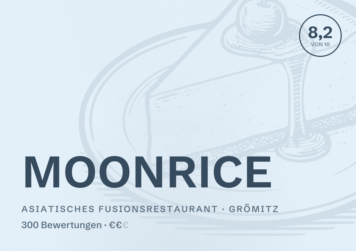Illustriertes Poster von MOONRICE, Asiatisches Fusionsrestaurant in Grömitz: Bewertung 8,2 von 10 aus 300 Bewertungen, Preisniveau €€