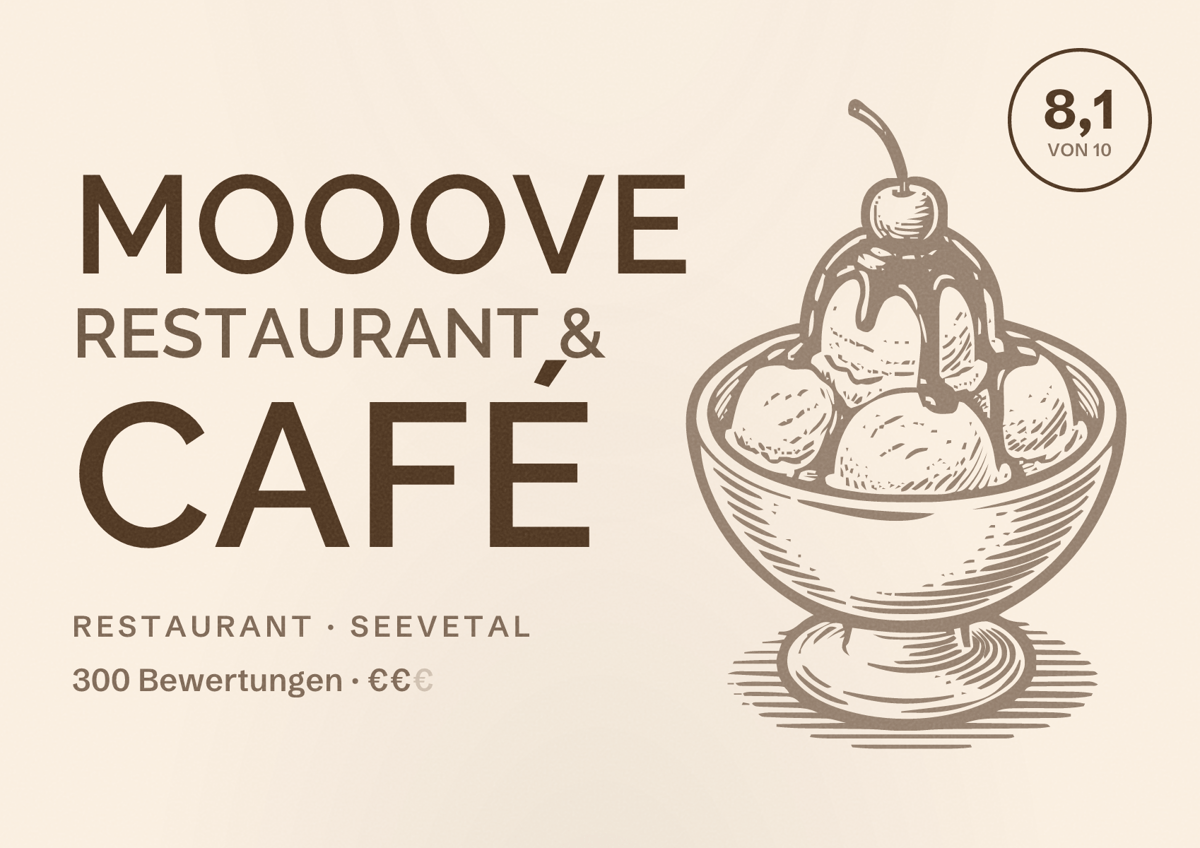 Illustriertes Poster von MoOoVe Restaurant & Café, Restaurant in Seevetal: Bewertung 8,1 von 10 aus 300 Bewertungen, Preisniveau €€
