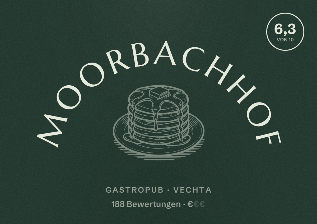 Illustriertes Poster von Moorbachhof, Gastropub in Vechta: Bewertung 6,3 von 10 aus 188 Bewertungen, Preisniveau €