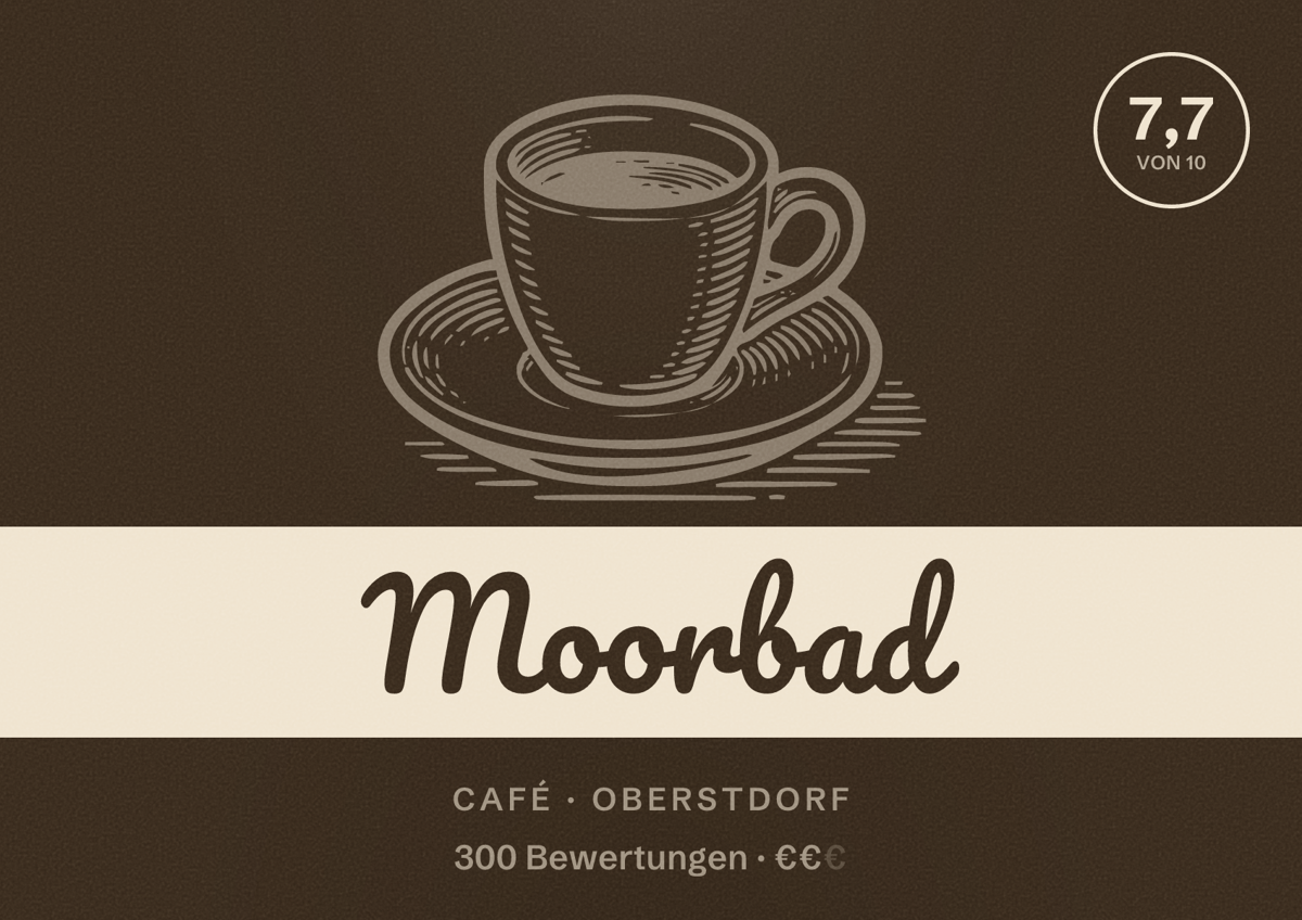 Illustriertes Poster von Moorbad, Café in Oberstdorf: Bewertung 7,7 von 10 aus 300 Bewertungen, Preisniveau €€