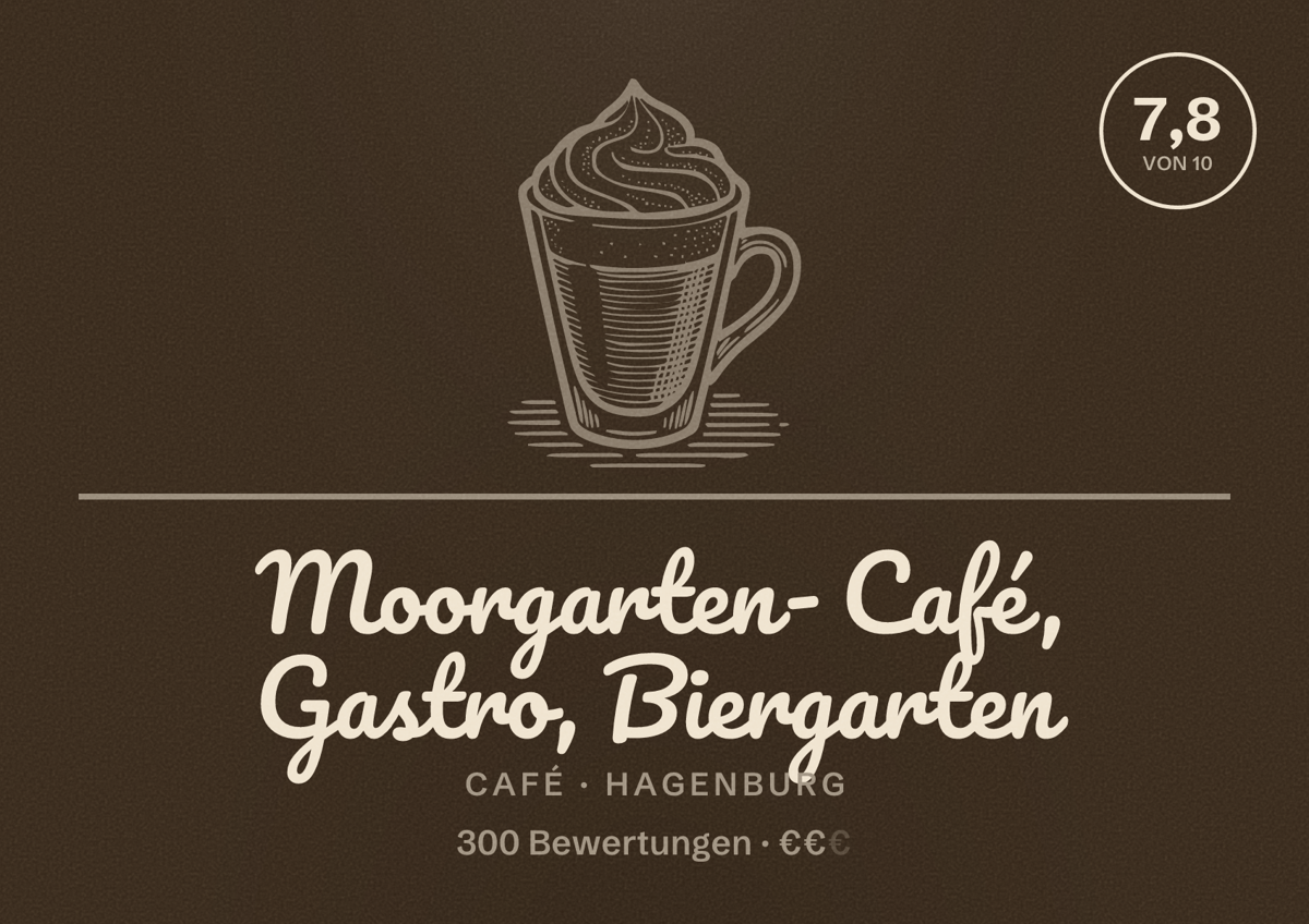 Illustriertes Poster von Moorgarten- Café, Gastro, Biergarten, Café in Hagenburg: Bewertung 7,8 von 10 aus 300 Bewertungen, Preisniveau €€