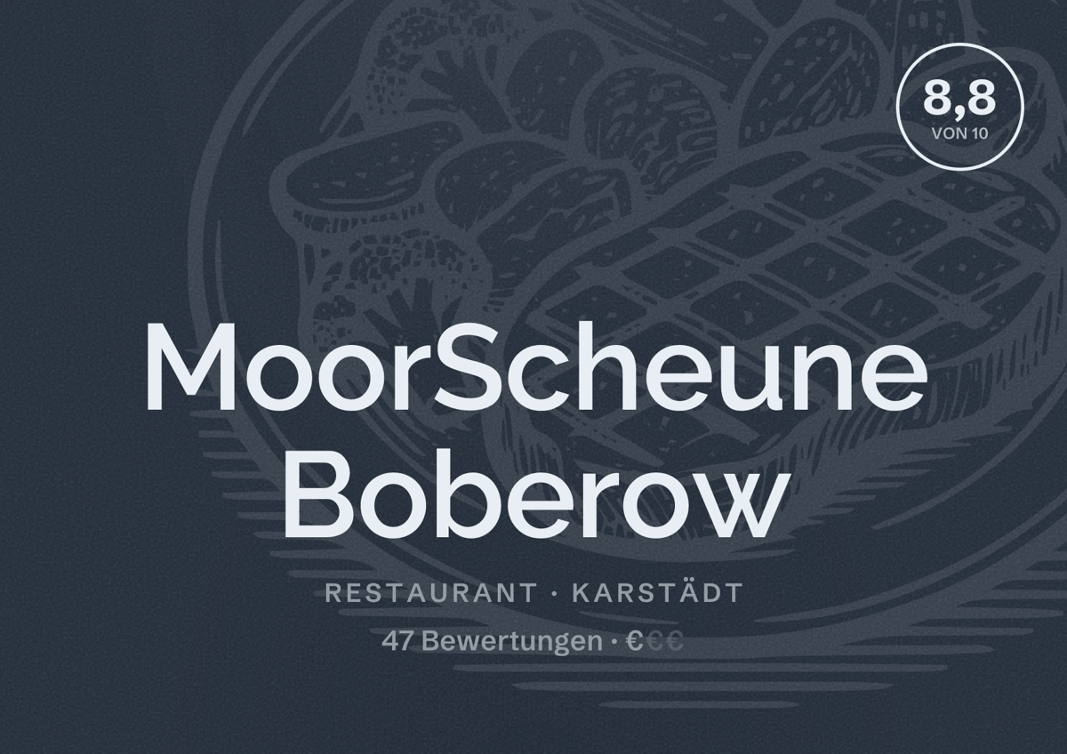 Illustriertes Poster von MoorScheune Boberow, Restaurant in Karstädt: Bewertung 8,8 von 10 aus 47 Bewertungen, Preisniveau €