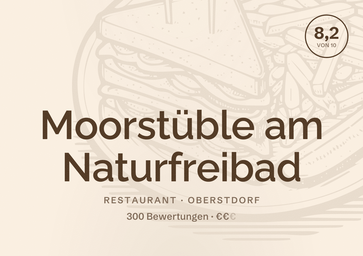 Illustriertes Poster von Moorstüble am Naturfreibad, Restaurant in Oberstdorf: Bewertung 8,2 von 10 aus 300 Bewertungen, Preisniveau €€