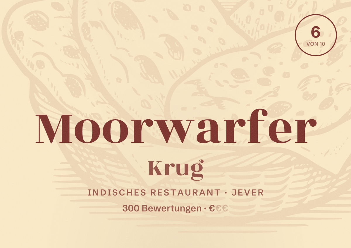 Illustriertes Poster von Moorwarfer Krug, Indisches Restaurant in Jever: Bewertung 6 von 10 aus 300 Bewertungen, Preisniveau €