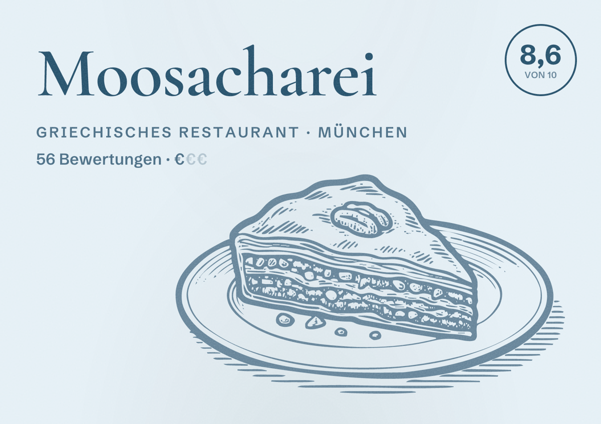 Illustriertes Poster von Moosacharei, Griechisches Restaurant in München: Bewertung 8,6 von 10 aus 56 Bewertungen, Preisniveau €