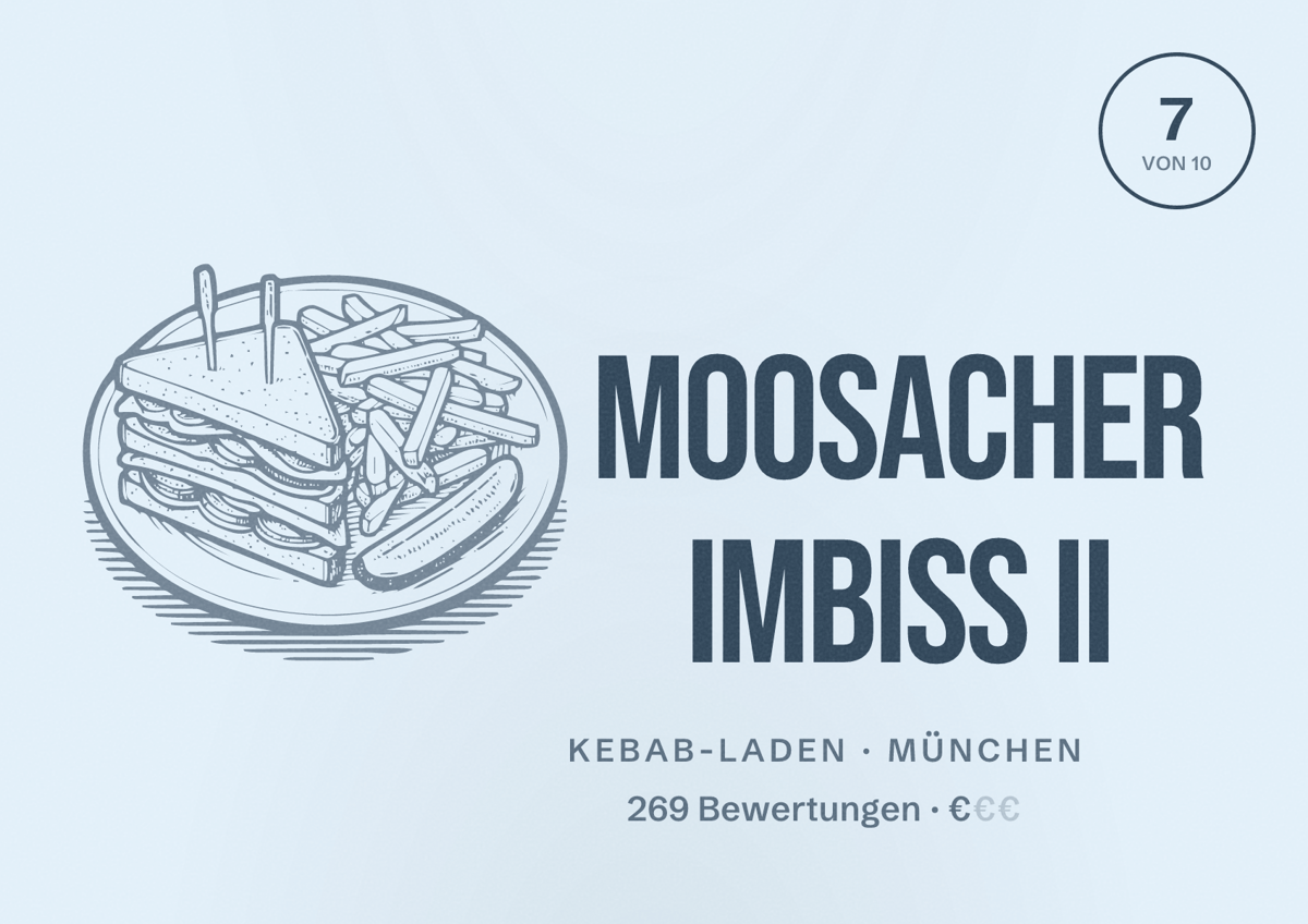 Illustriertes Poster von Moosacher Imbiss II, Kebab-Laden in München: Bewertung 7,0 von 10 aus 269 Bewertungen, Preisniveau €