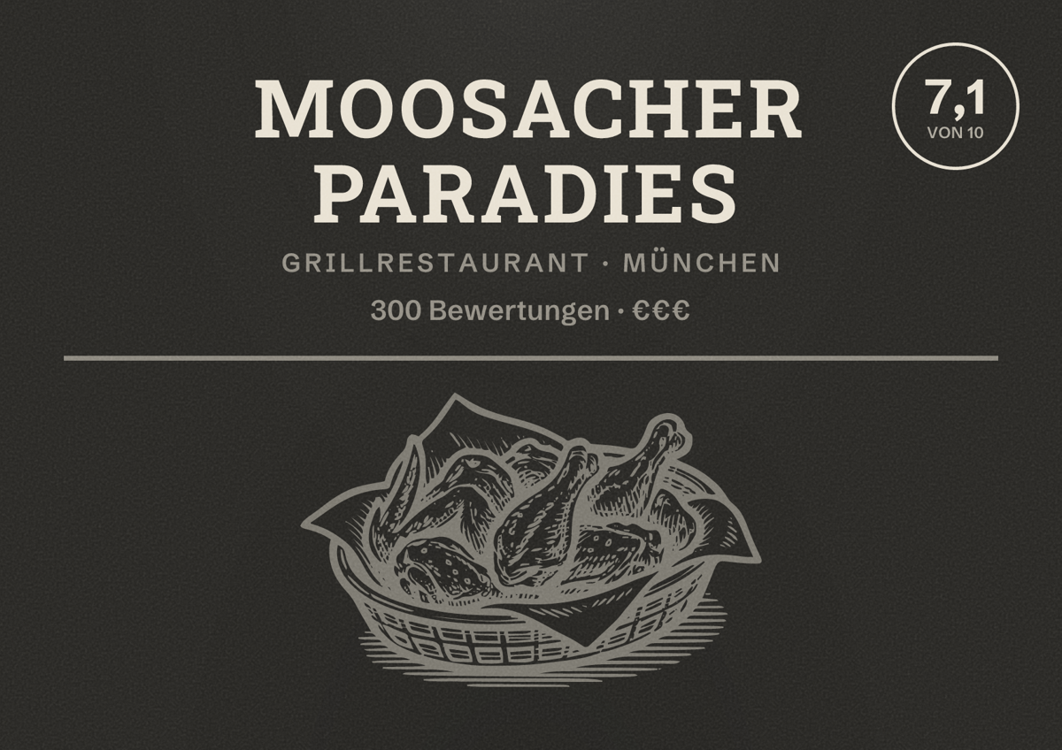 Illustriertes Poster von Moosacher Paradies, Grillrestaurant in München: Bewertung 7,1 von 10 aus 300 Bewertungen, Preisniveau €€€