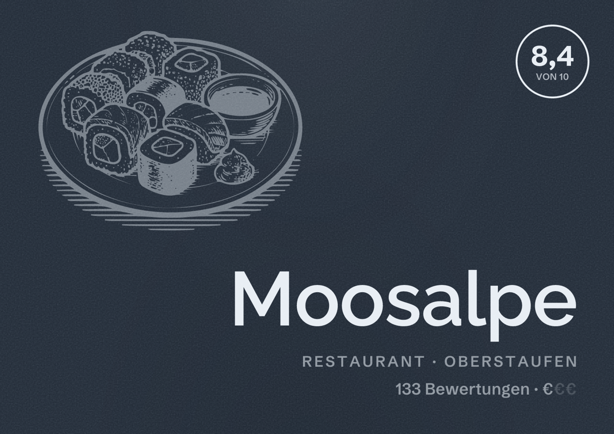 Illustriertes Poster von Moosalpe, Restaurant in Oberstaufen: Bewertung 8,4 von 10 aus 133 Bewertungen, Preisniveau €