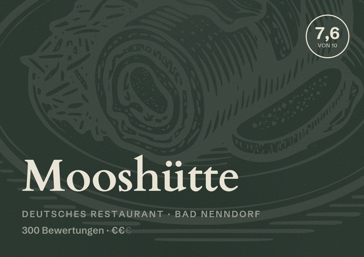 Illustriertes Poster von Mooshütte, Deutsches Restaurant in Bad Nenndorf: Bewertung 7,6 von 10 aus 300 Bewertungen, Preisniveau €€