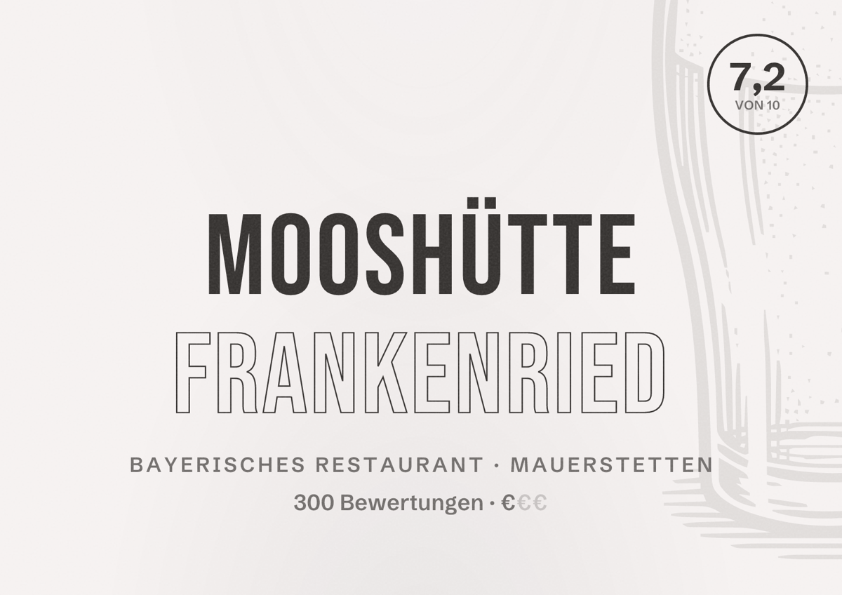Illustriertes Poster von Mooshütte Frankenried, Bayerisches Restaurant in Mauerstetten: Bewertung 7,2 von 10 aus 300 Bewertungen, Preisniveau €