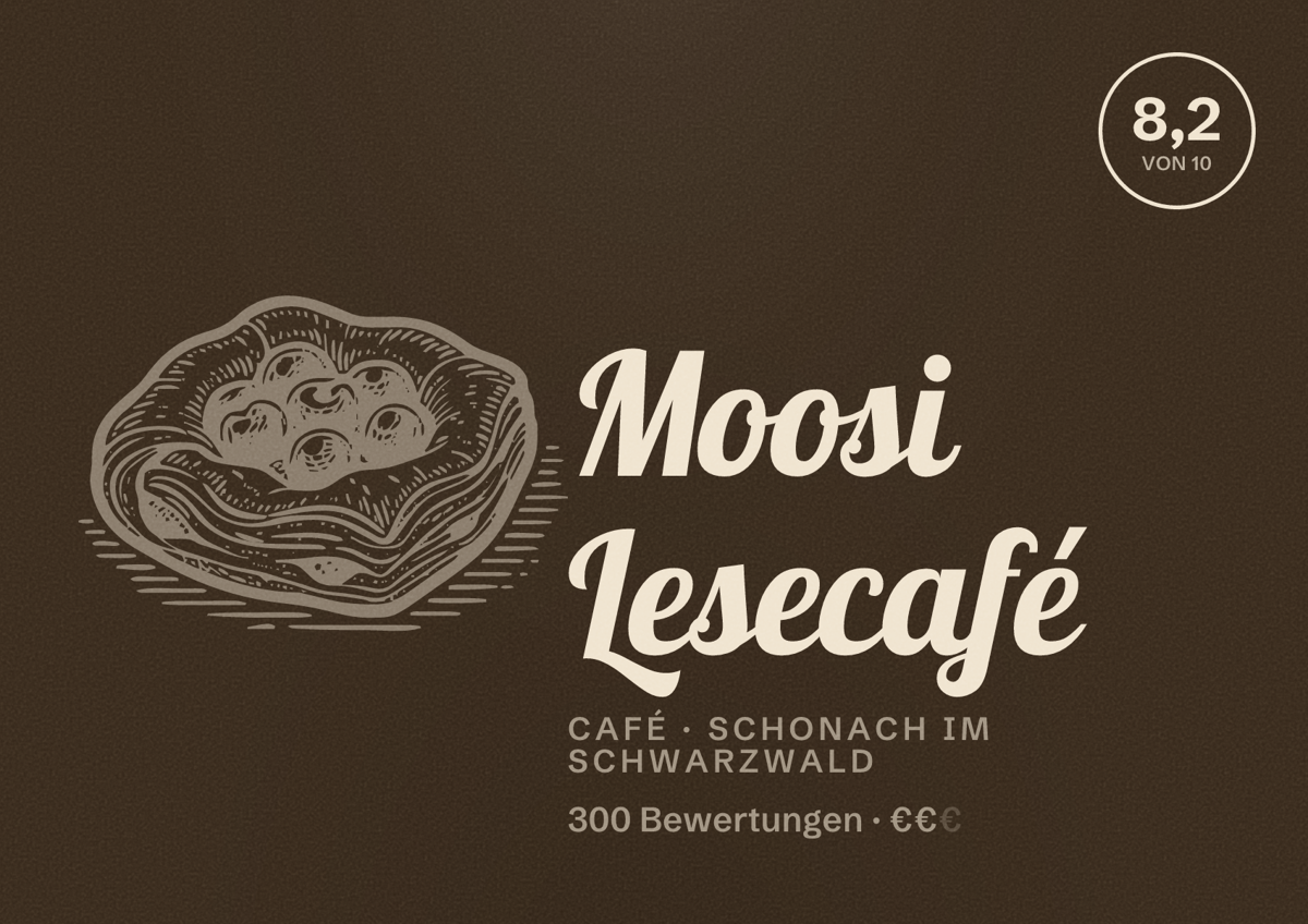 Illustriertes Poster von Moosi Lesecafé, Café in Schonach im Schwarzwald: Bewertung 8,2 von 10 aus 300 Bewertungen, Preisniveau €€