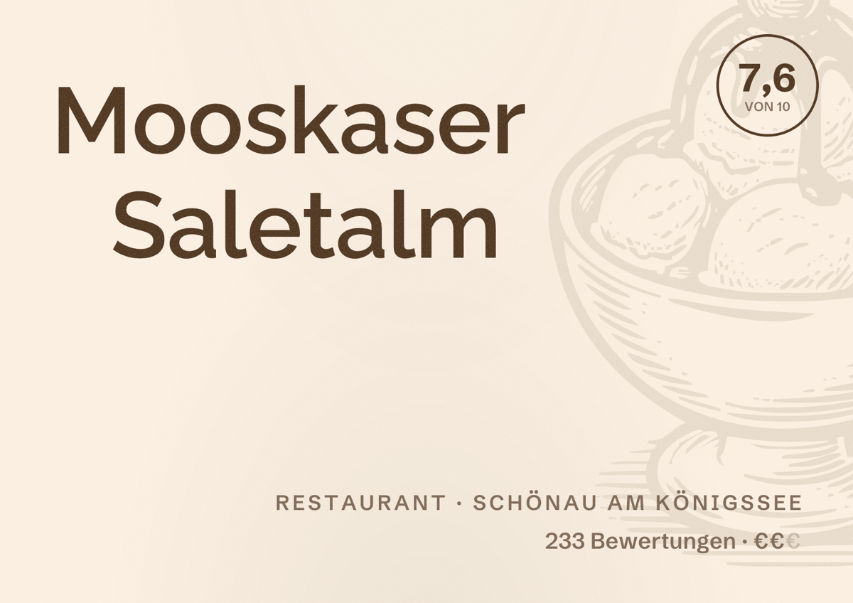 Illustriertes Poster von Mooskaser Saletalm, Restaurant in Schönau am Königssee: Bewertung 7,6 von 10 aus 233 Bewertungen, Preisniveau €€