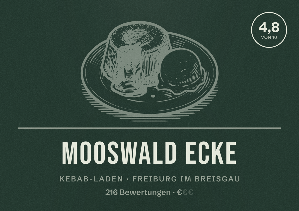 Illustriertes Poster von Mooswald Ecke, Kebab-Laden in Freiburg im Breisgau: Bewertung 4,8 von 10 aus 216 Bewertungen, Preisniveau €