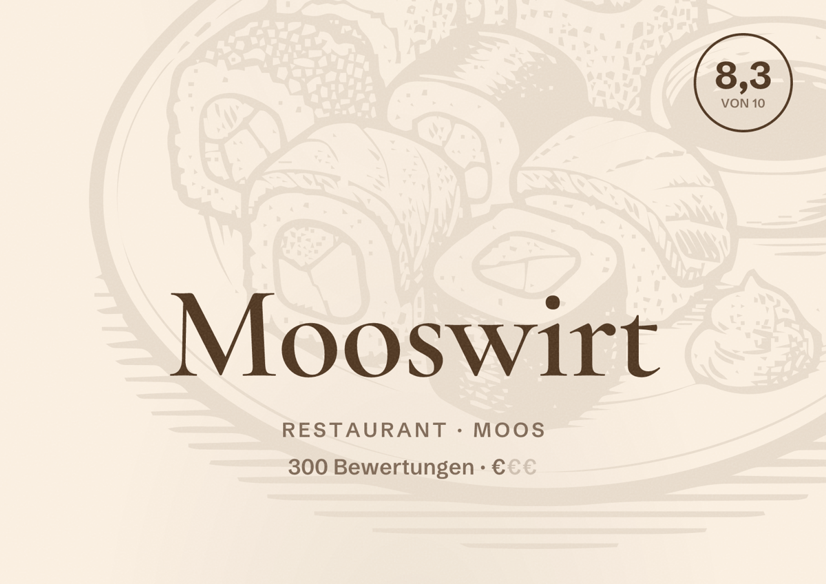 Illustriertes Poster von Mooswirt, Restaurant in Moos: Bewertung 8,3 von 10 aus 300 Bewertungen, Preisniveau €