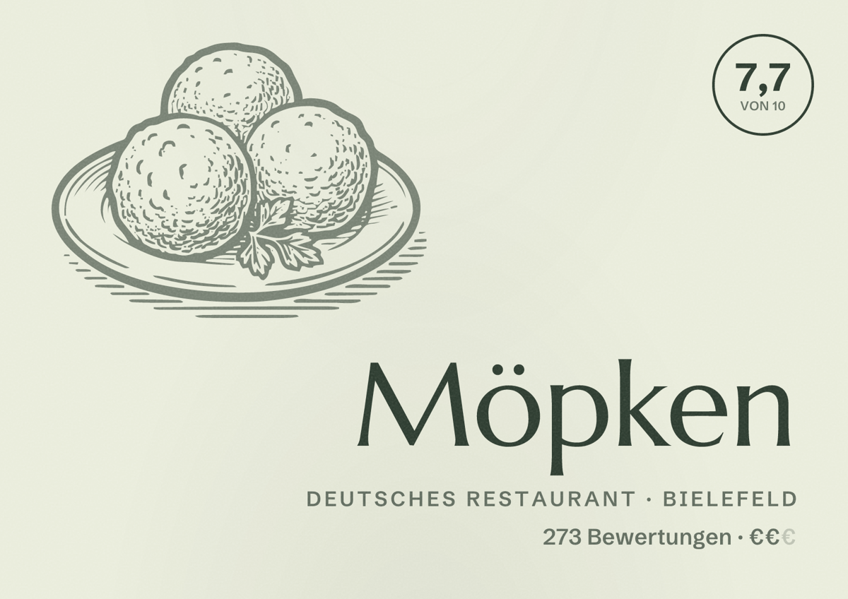 Illustriertes Poster von Möpken, Deutsches Restaurant in Bielefeld: Bewertung 7,7 von 10 aus 273 Bewertungen, Preisniveau €€