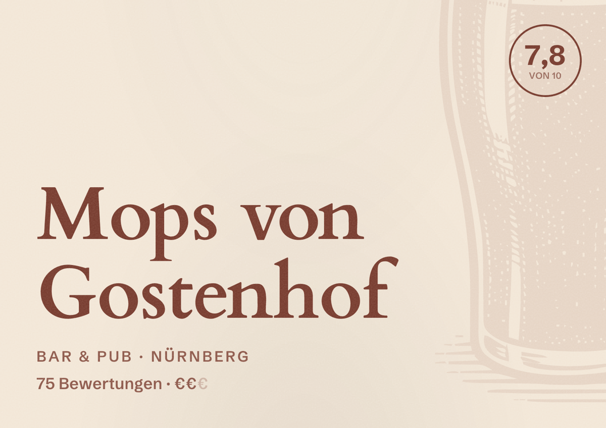 Illustriertes Poster von Mops von Gostenhof, Bar & Pub in Nürnberg: Bewertung 7,8 von 10 aus 75 Bewertungen, Preisniveau €€