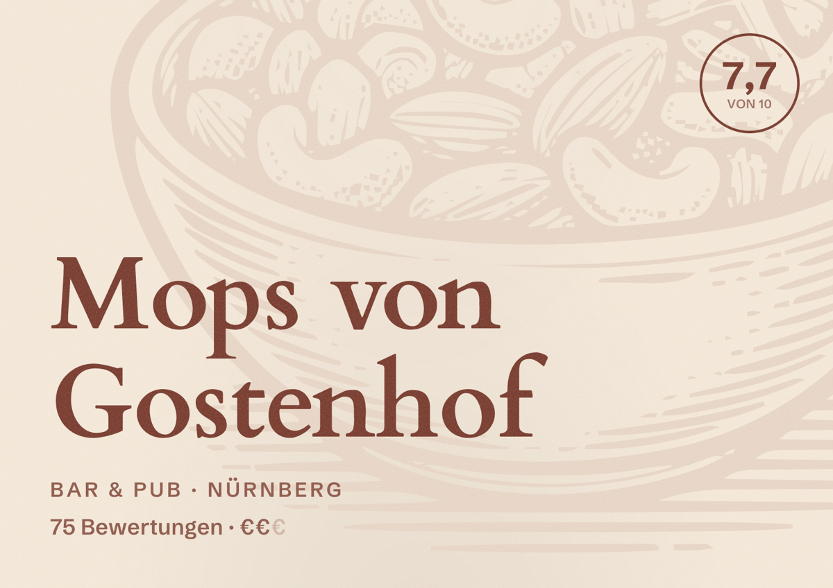 Illustriertes Poster von Mops von Gostenhof, Bar & Pub in Nürnberg: Bewertung 7,7 von 10 aus 75 Bewertungen, Preisniveau €€