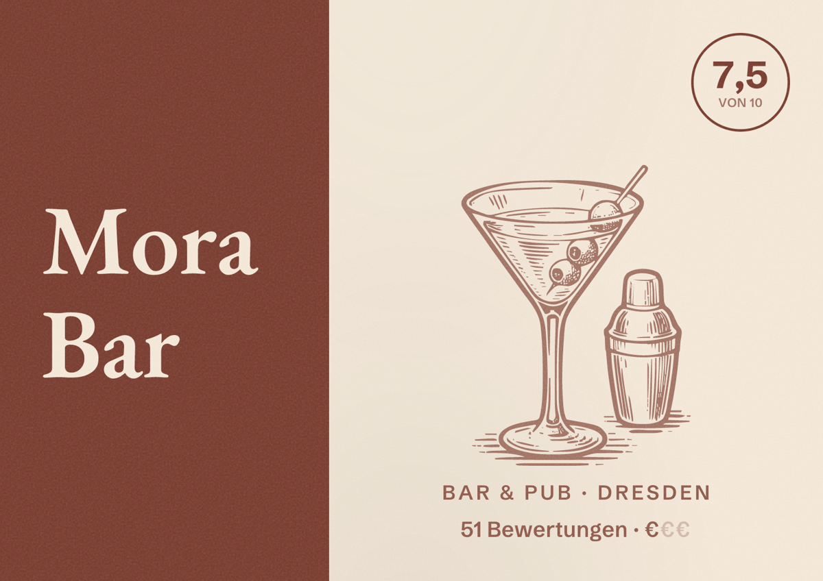 Illustriertes Poster von Mora Bar, Bar & Pub in Dresden: Bewertung 7,5 von 10 aus 51 Bewertungen, Preisniveau €