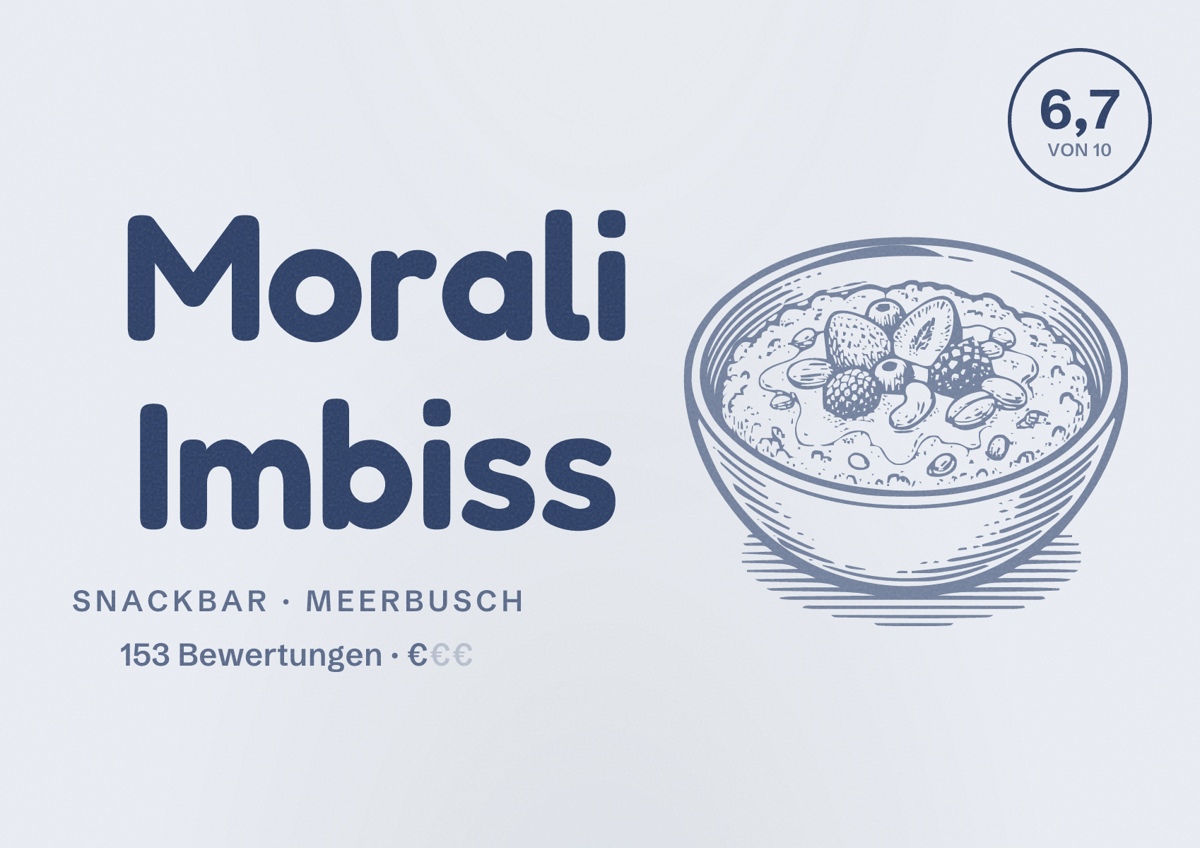 Illustriertes Poster von Morali Imbiss, Snackbar in Meerbusch: Bewertung 6,7 von 10 aus 153 Bewertungen, Preisniveau €