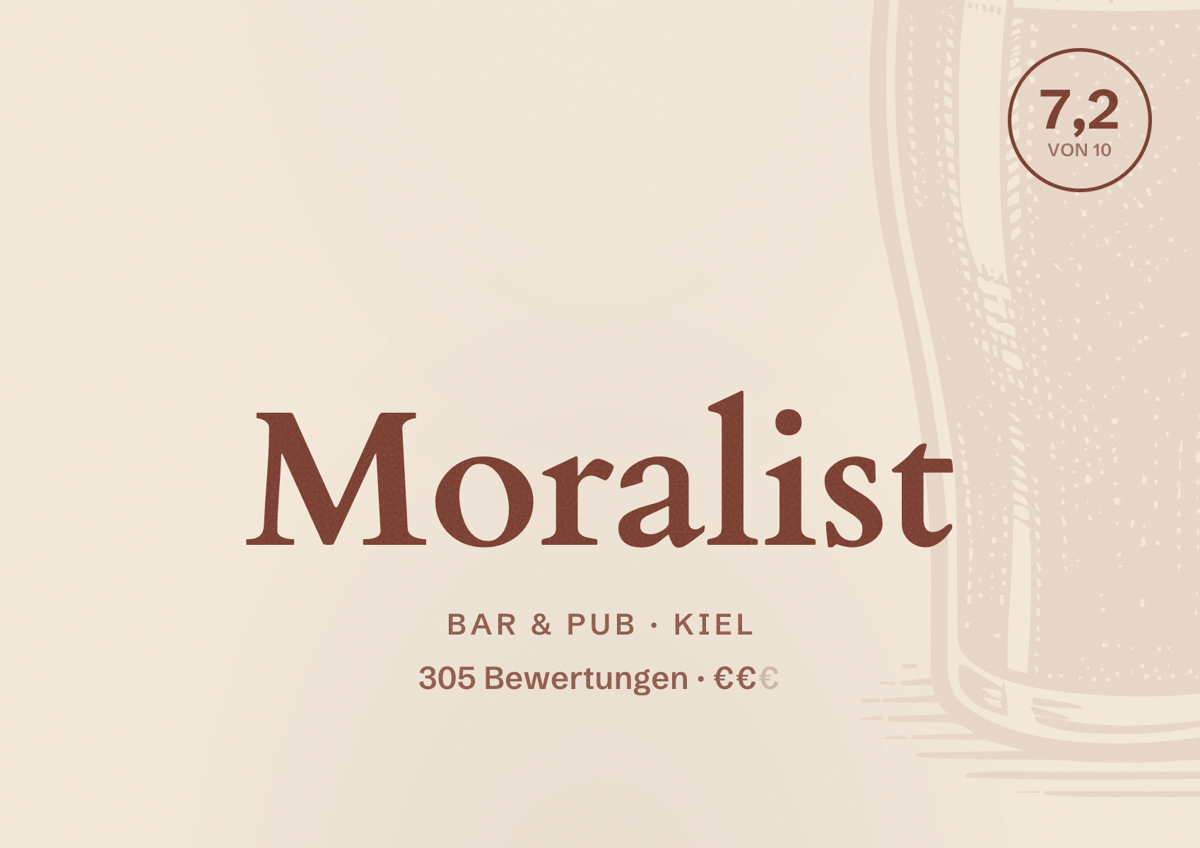 Illustriertes Poster von Moralist, Bar & Pub in Kiel: Bewertung 7,2 von 10 aus 305 Bewertungen, Preisniveau €€