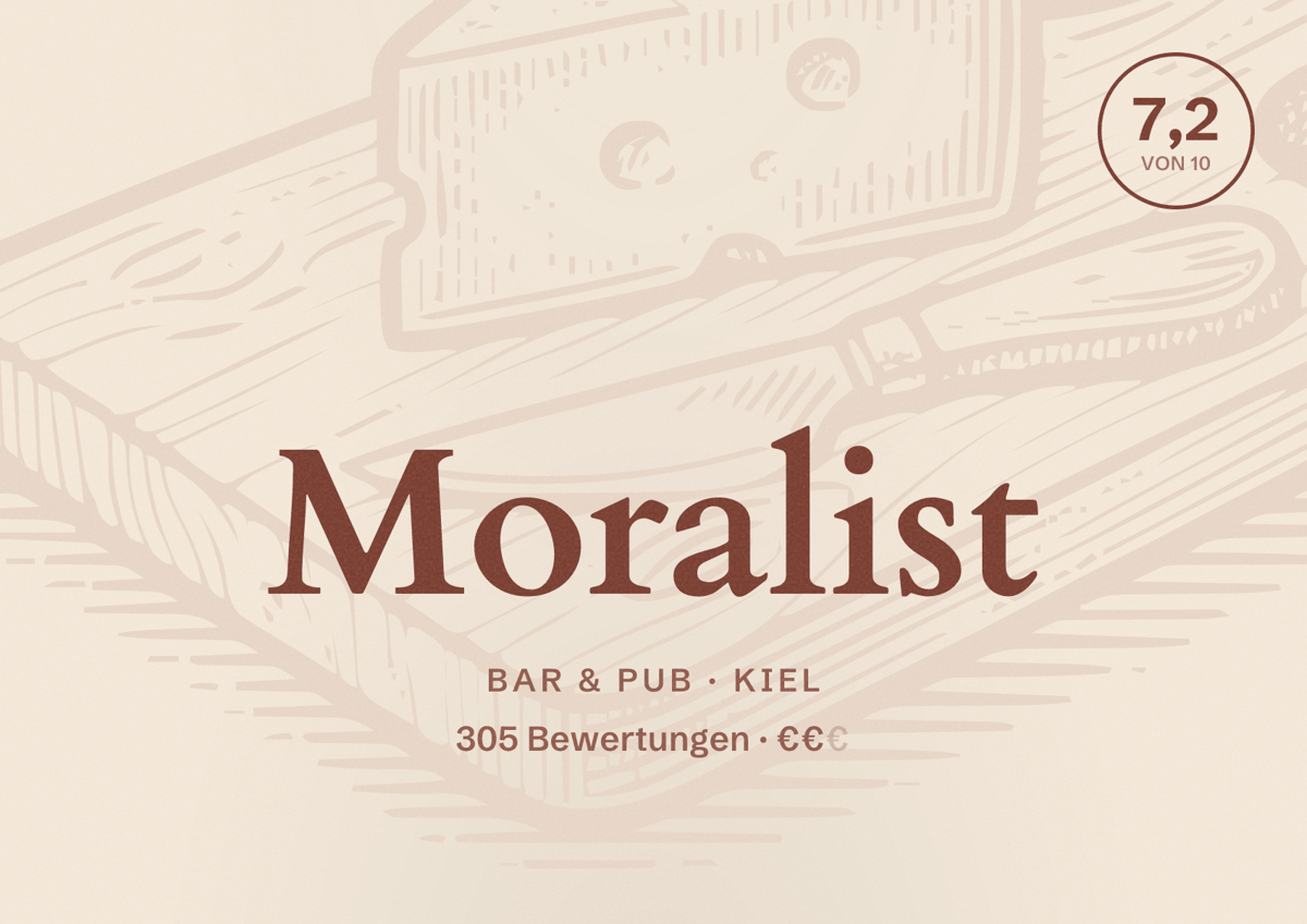 Illustriertes Poster von Moralist, Bar & Pub in Kiel: Bewertung 7,2 von 10 aus 305 Bewertungen, Preisniveau €€