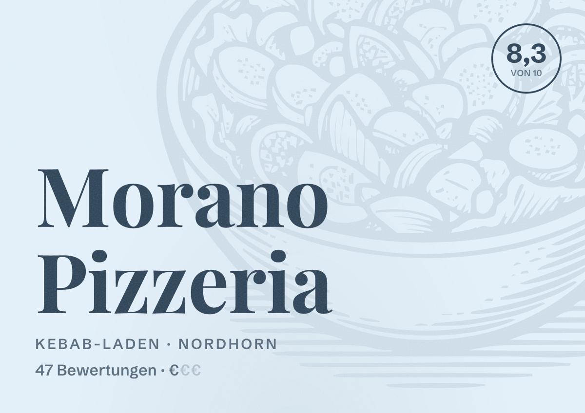 Illustriertes Poster von Morano Pizzeria, Kebab-Laden in Nordhorn: Bewertung 8,3 von 10 aus 47 Bewertungen, Preisniveau €