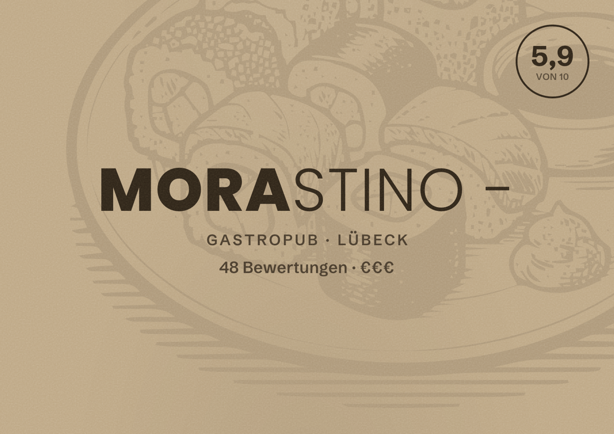 Illustriertes Poster von Morastino -, Gastropub in Lübeck: Bewertung 5,9 von 10 aus 48 Bewertungen, Preisniveau €€€