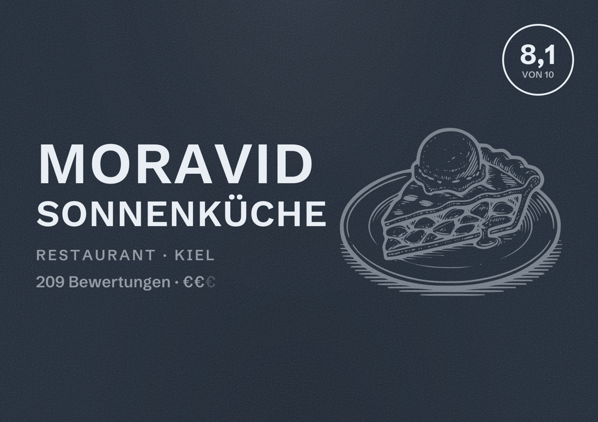Illustriertes Poster von Moravid Sonnenküche, Restaurant in Kiel: Bewertung 8,1 von 10 aus 209 Bewertungen, Preisniveau €€