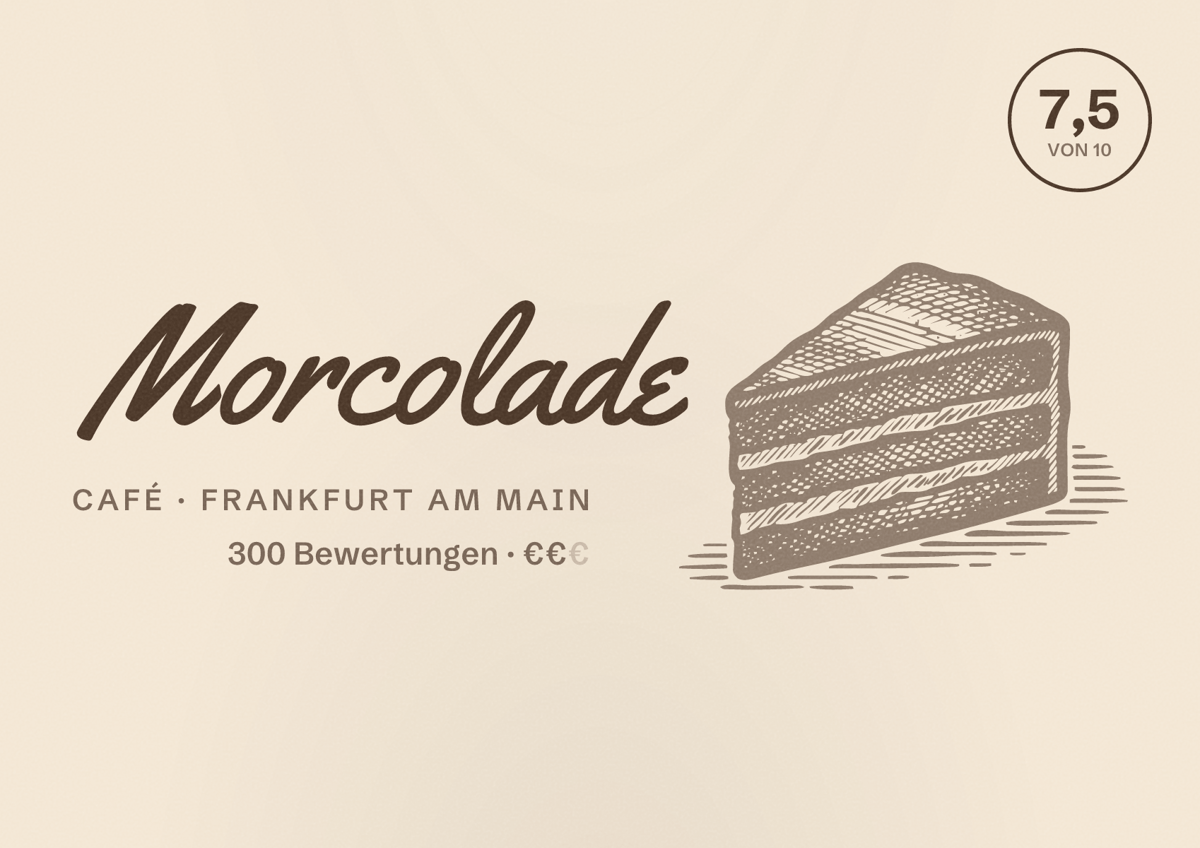 Illustriertes Poster von Morcolade, Café in Frankfurt am Main: Bewertung 7,5 von 10 aus 300 Bewertungen, Preisniveau €€