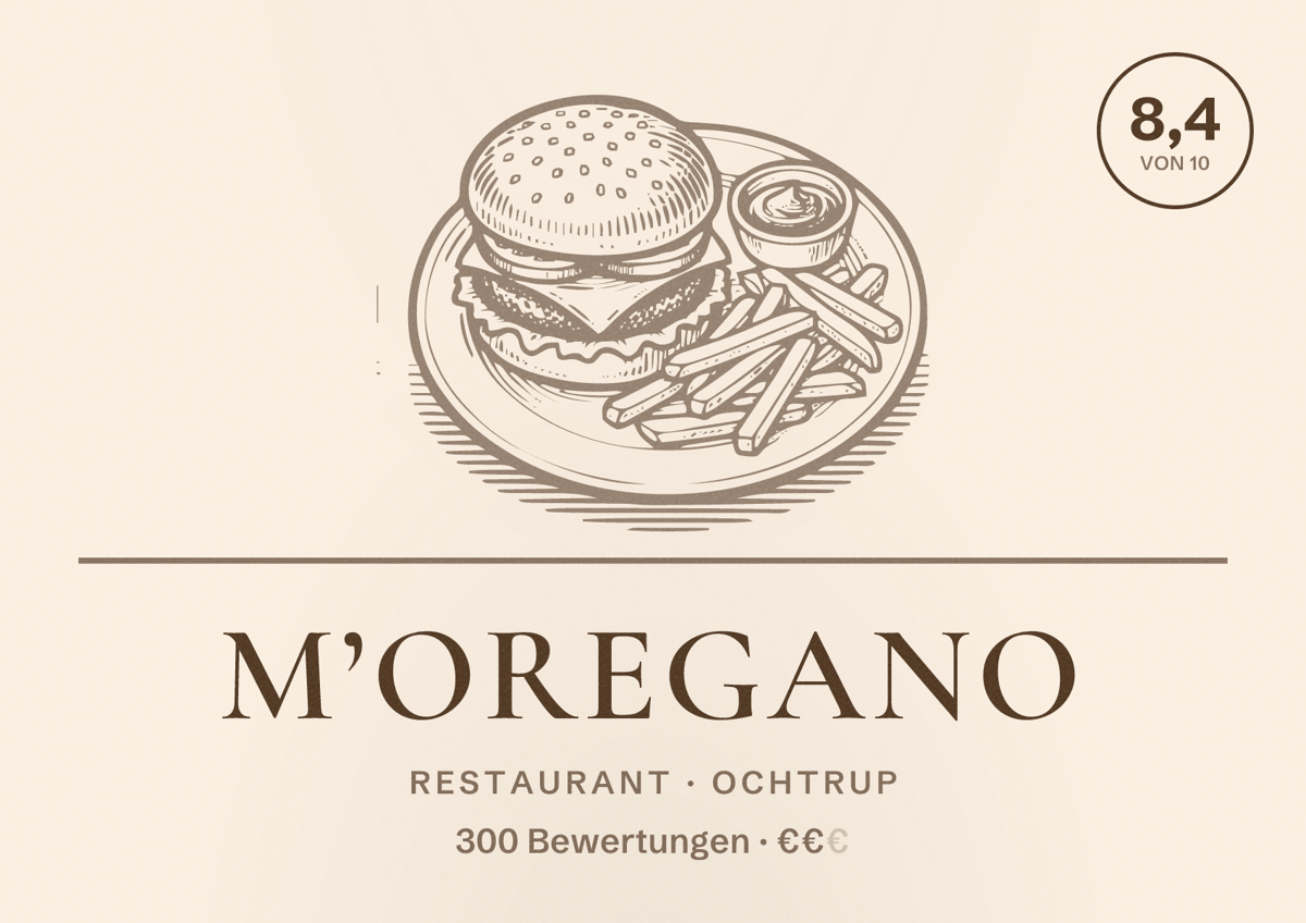 Illustriertes Poster von M’Oregano, Restaurant in Ochtrup: Bewertung 8,4 von 10 aus 300 Bewertungen, Preisniveau €€