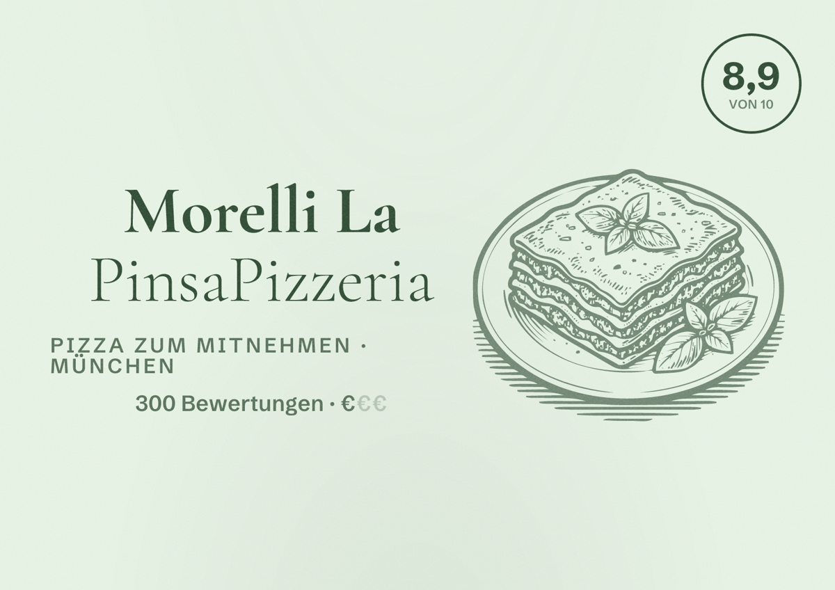 Illustriertes Poster von Morelli La PinsaPizzeria, Pizza zum Mitnehmen in München: Bewertung 8,9 von 10 aus 300 Bewertungen, Preisniveau €
