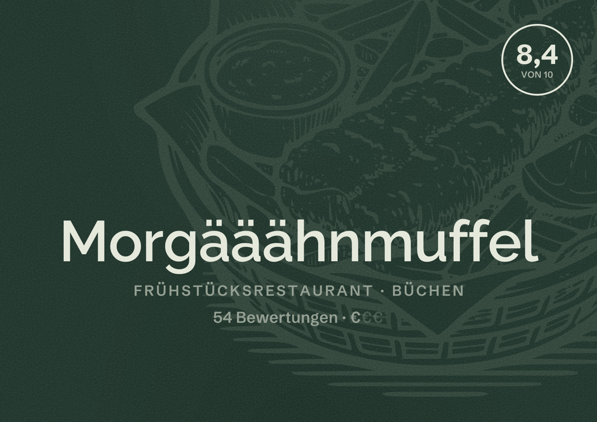 Illustriertes Poster von Morgääähnmuffel, Frühstücksrestaurant in Büchen: Bewertung 8,4 von 10 aus 54 Bewertungen, Preisniveau €