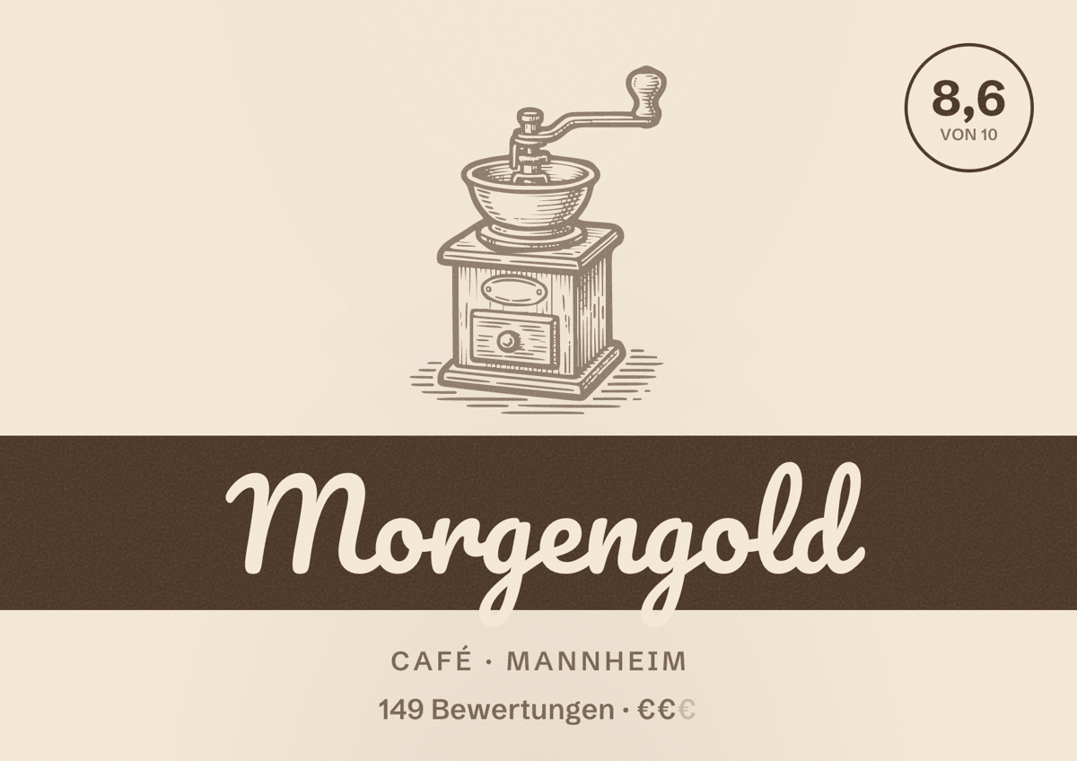Illustriertes Poster von Morgengold, Café in Mannheim: Bewertung 8,6 von 10 aus 149 Bewertungen, Preisniveau €€