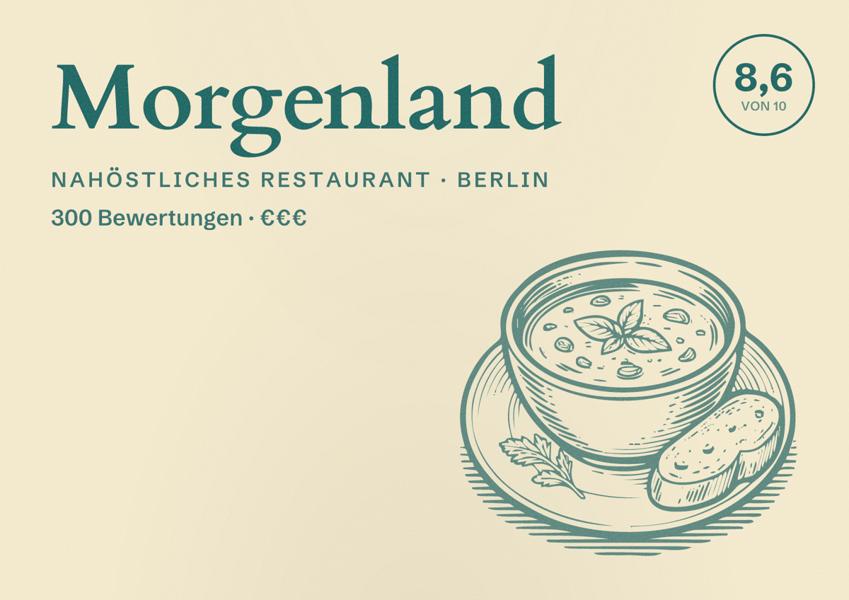 Illustriertes Poster von Morgenland, Nahöstliches Restaurant in Berlin: Bewertung 8,6 von 10 aus 300 Bewertungen, Preisniveau €€€