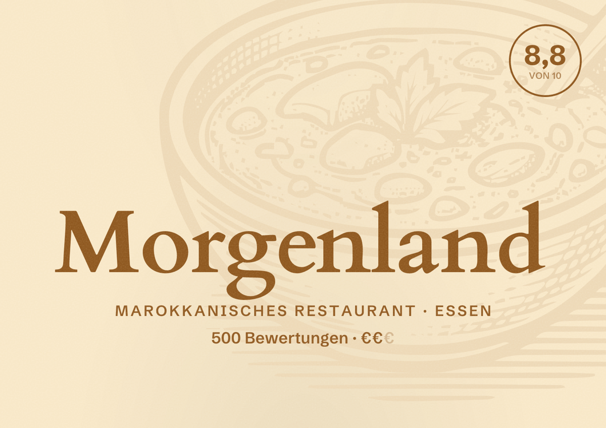 Illustriertes Poster von Morgenland, Marokkanisches Restaurant in Essen: Bewertung 8,8 von 10 aus 500 Bewertungen, Preisniveau €€