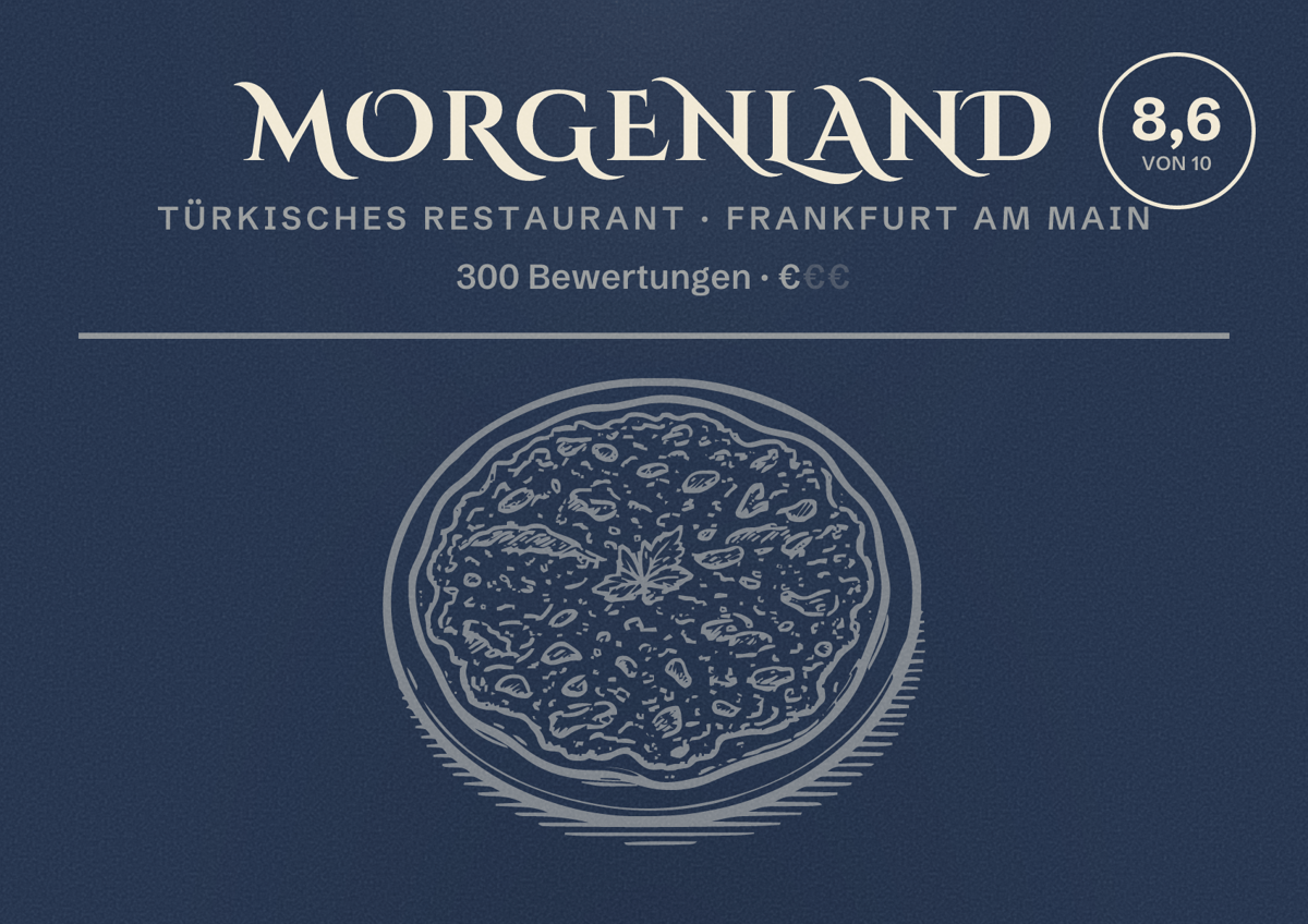 Illustriertes Poster von Morgenland, Türkisches Restaurant in Frankfurt am Main: Bewertung 8,6 von 10 aus 300 Bewertungen, Preisniveau €