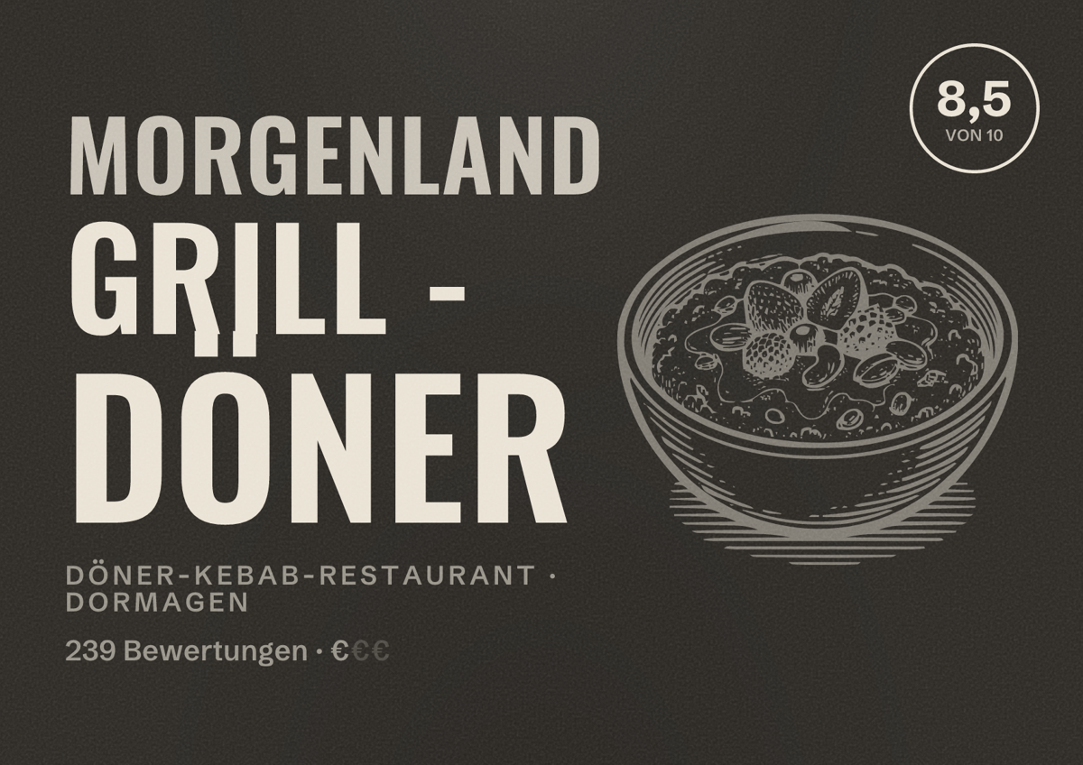 Illustriertes Poster von Morgenland Grill - Döner, Döner-Kebab-Restaurant in Dormagen: Bewertung 8,5 von 10 aus 239 Bewertungen, Preisniveau €