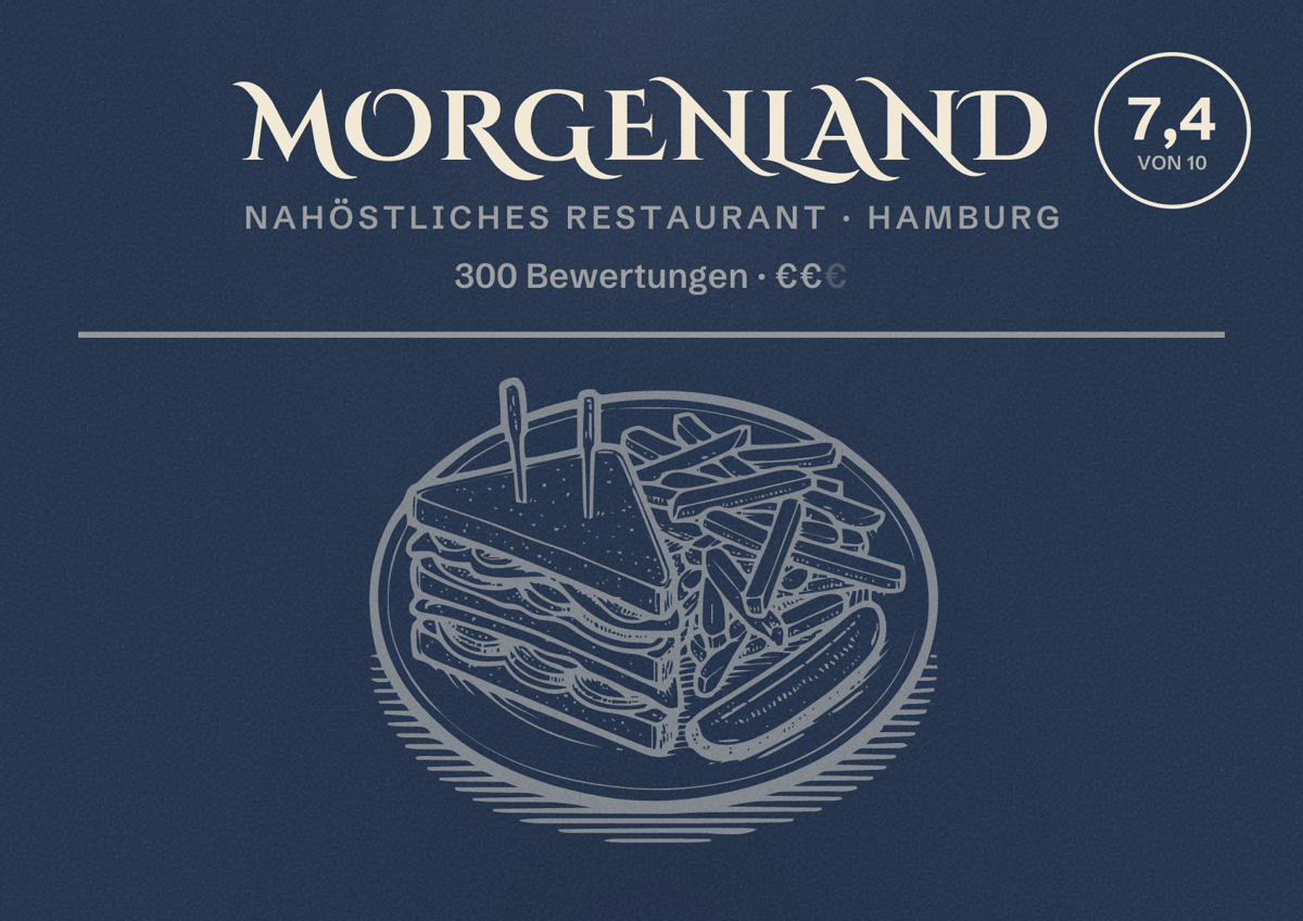 Illustriertes Poster von Morgenland, Nahöstliches Restaurant in Hamburg: Bewertung 7,4 von 10 aus 300 Bewertungen, Preisniveau €€