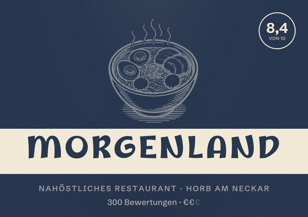Illustriertes Poster von Morgenland, Nahöstliches Restaurant in Horb am Neckar: Bewertung 8,4 von 10 aus 300 Bewertungen, Preisniveau €€